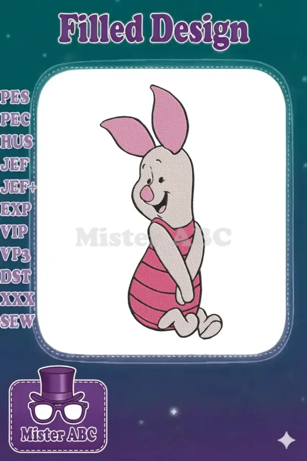 Charming embroidery of Piglet from Winnie the Pooh, sitting happily with his signature pink striped shirt.