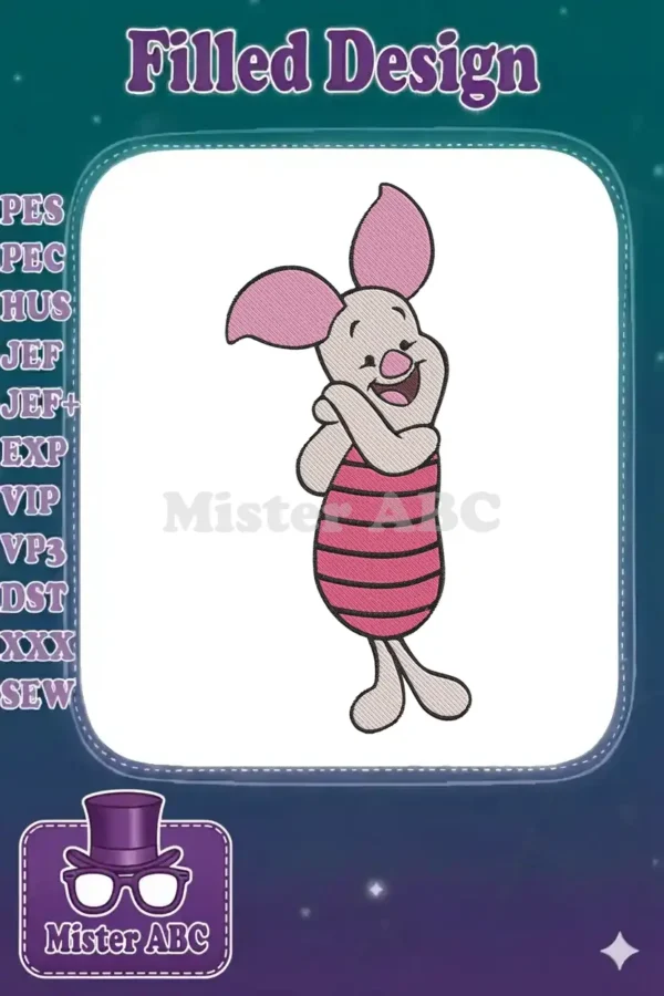 A cheerful Piglet embroidery design, standing with arms crossed, featuring pink stripes and a happy expression.