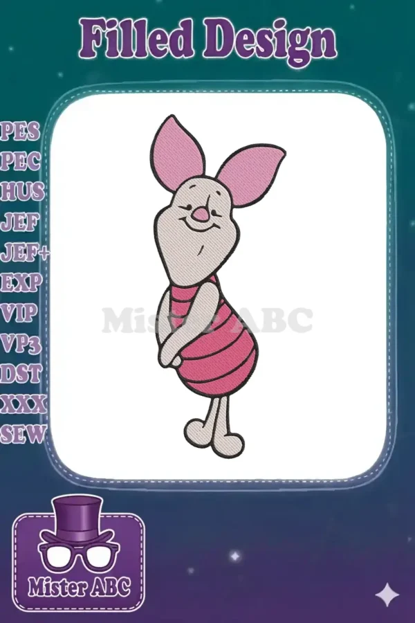 Adorable Piglet embroidery design, featuring the beloved character in a friendly pose with classic pink stripes.
