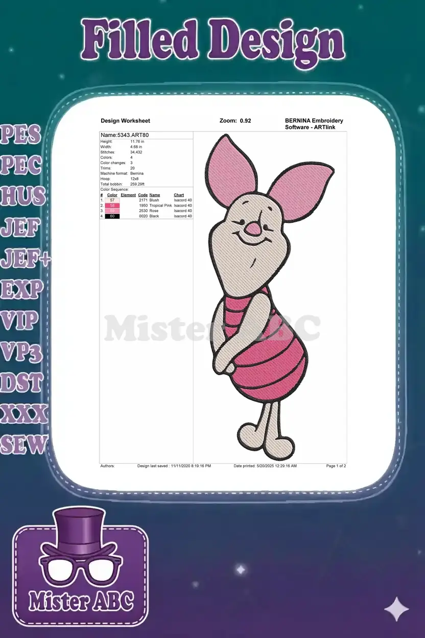 Detailed embroidery design worksheet for Piglet, showing dimensions, stitch count, color sequence, and machine info.