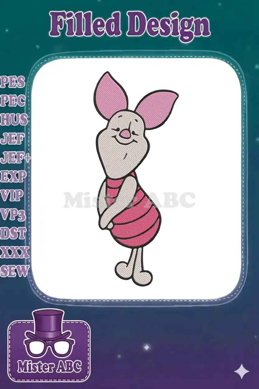 Adorable Piglet embroidery design, featuring the beloved character in a friendly pose with classic pink stripes.