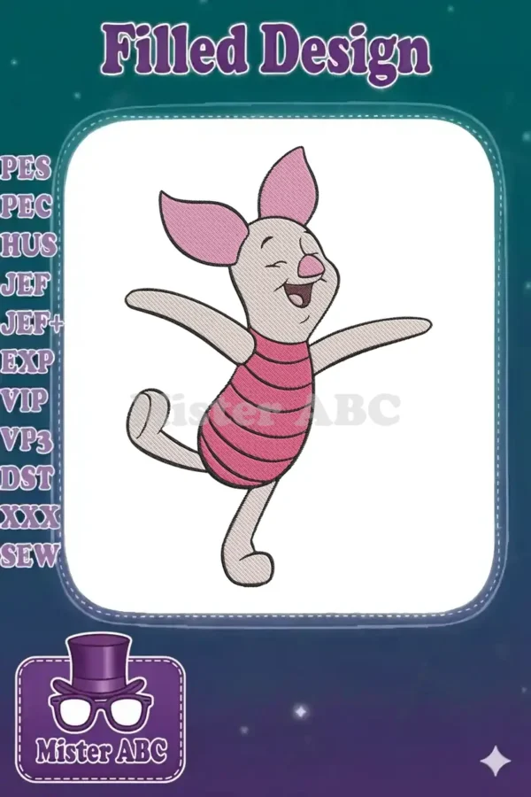 A vibrant machine embroidery design featuring a joyous Piglet from Winnie the Pooh, happily dancing with arms wide open.