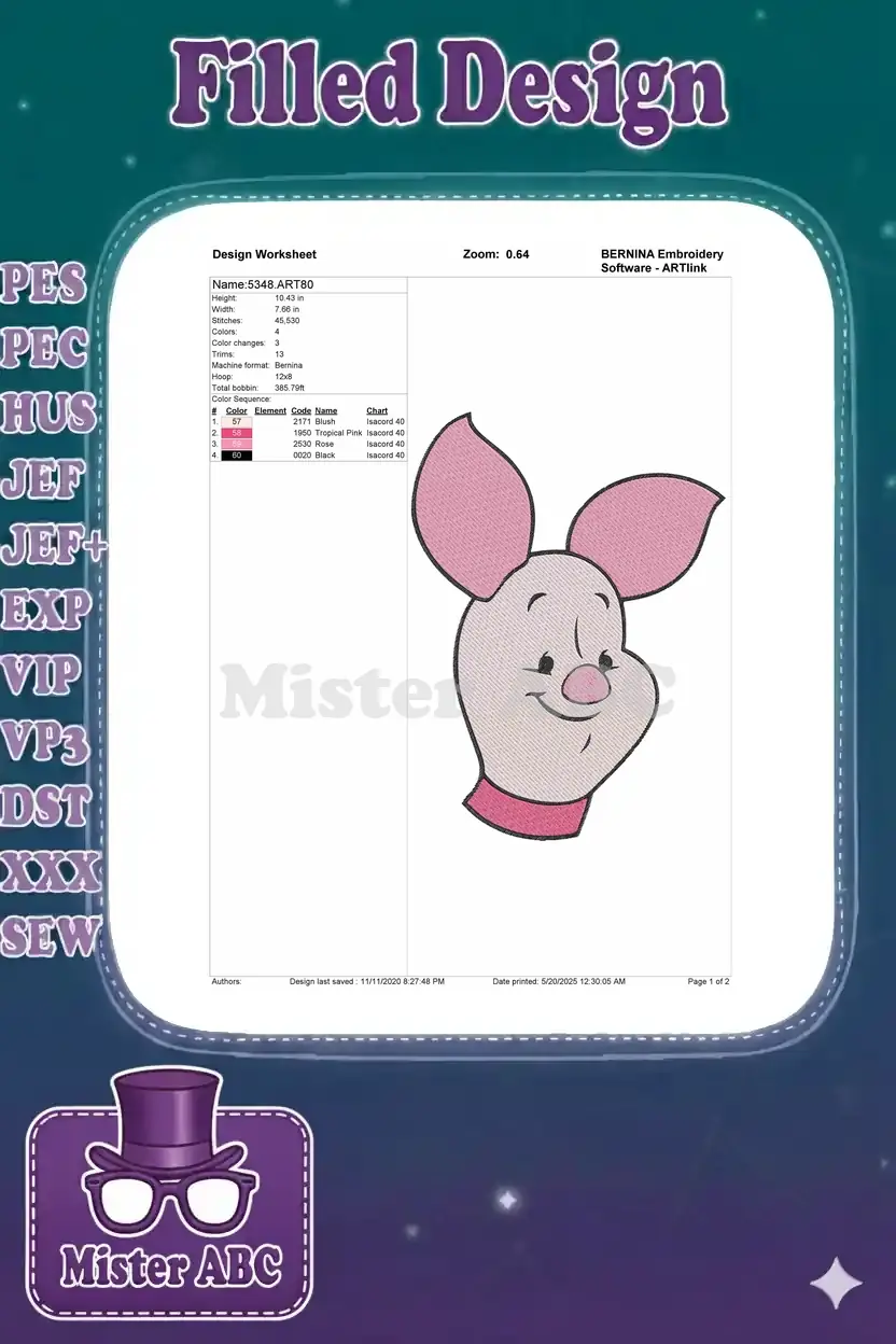 Embroidery design worksheet for Piglet, detailing dimensions, stitch count, color sequence, and thread types.