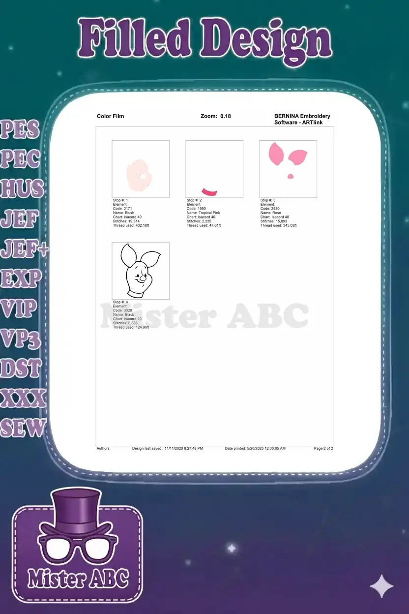 Color film breakdown showing the stitching sequence for the Piglet embroidery, step-by-step by color.