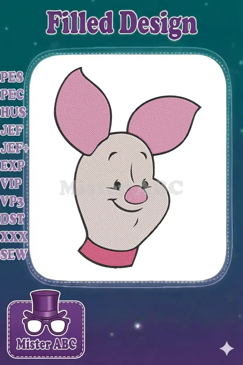 Embroidered close-up of Piglet's happy face, featuring delicate fill stitches in blush, pink, and black.