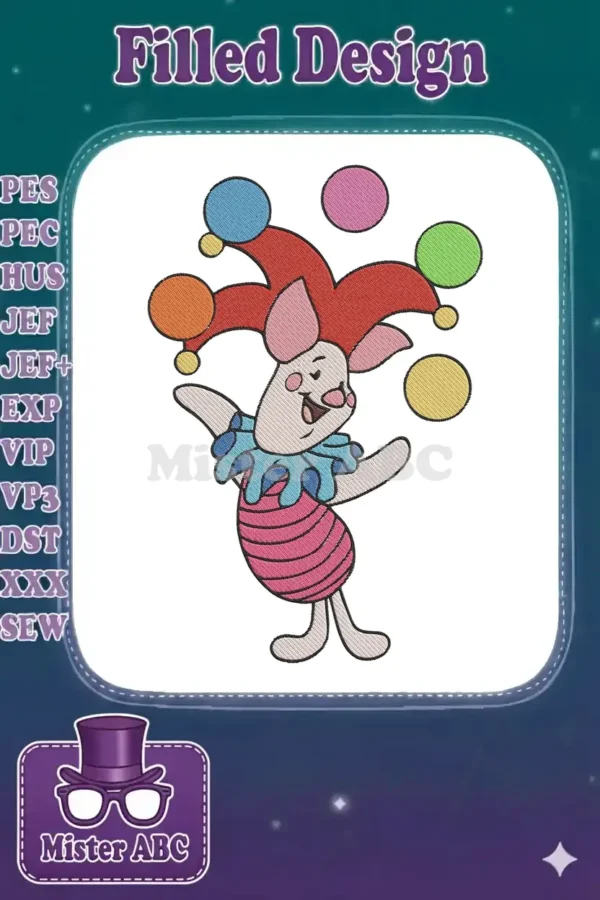 An embroidery design of Piglet from Winnie the Pooh dressed as a jester, happily juggling five colorful balls.