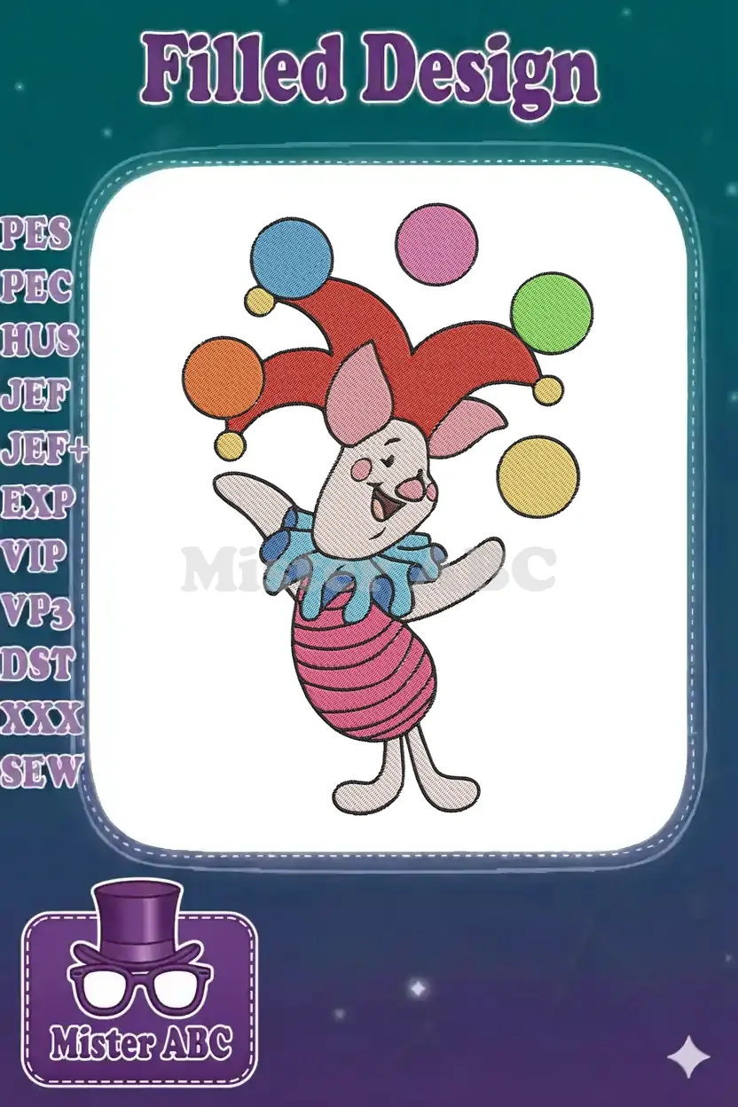An embroidery design of Piglet from Winnie the Pooh dressed as a jester, happily juggling five colorful balls.