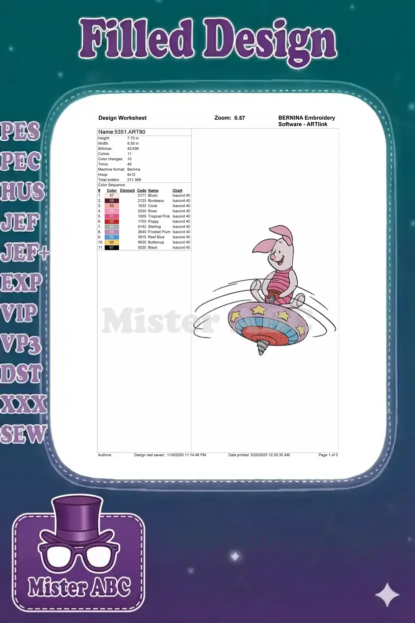 Embroidery design worksheet for Piglet on a spinning top, showing dimensions, stitch count, color sequence, and machine details.