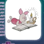 Adorable Piglet reading book by candlelight embroidery designs - Instant Download