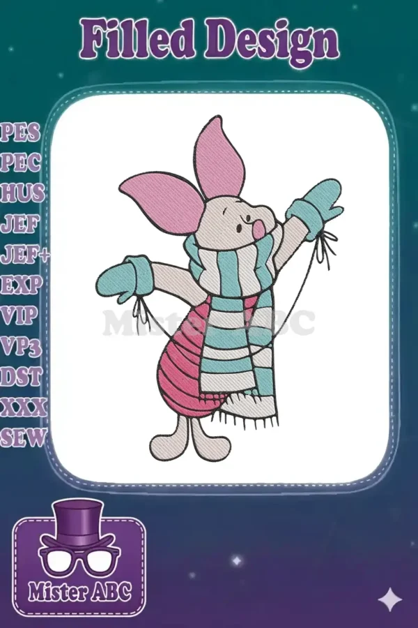 Adorable embroidered Piglet from Winnie the Pooh, wearing a pink and blue striped scarf and mittens.