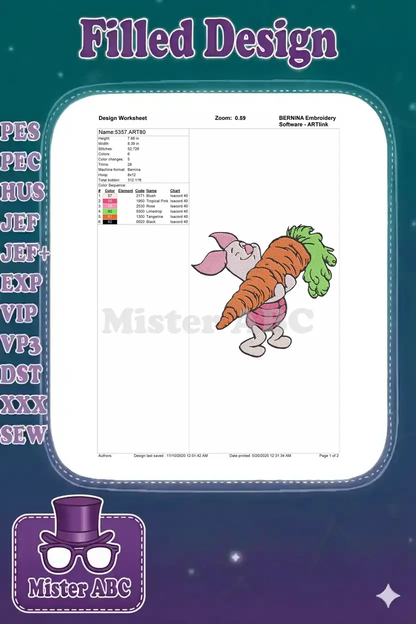 Embroidery design worksheet for Piglet with carrot, detailing dimensions, stitch count, thread colors, and machine info.