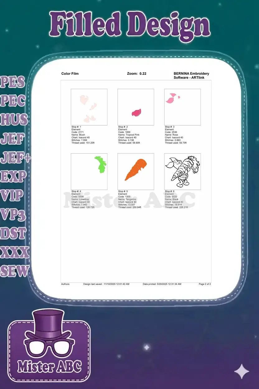 Color film breakdown of the Piglet and carrot embroidery design, showing each color's stitch sequence and details.