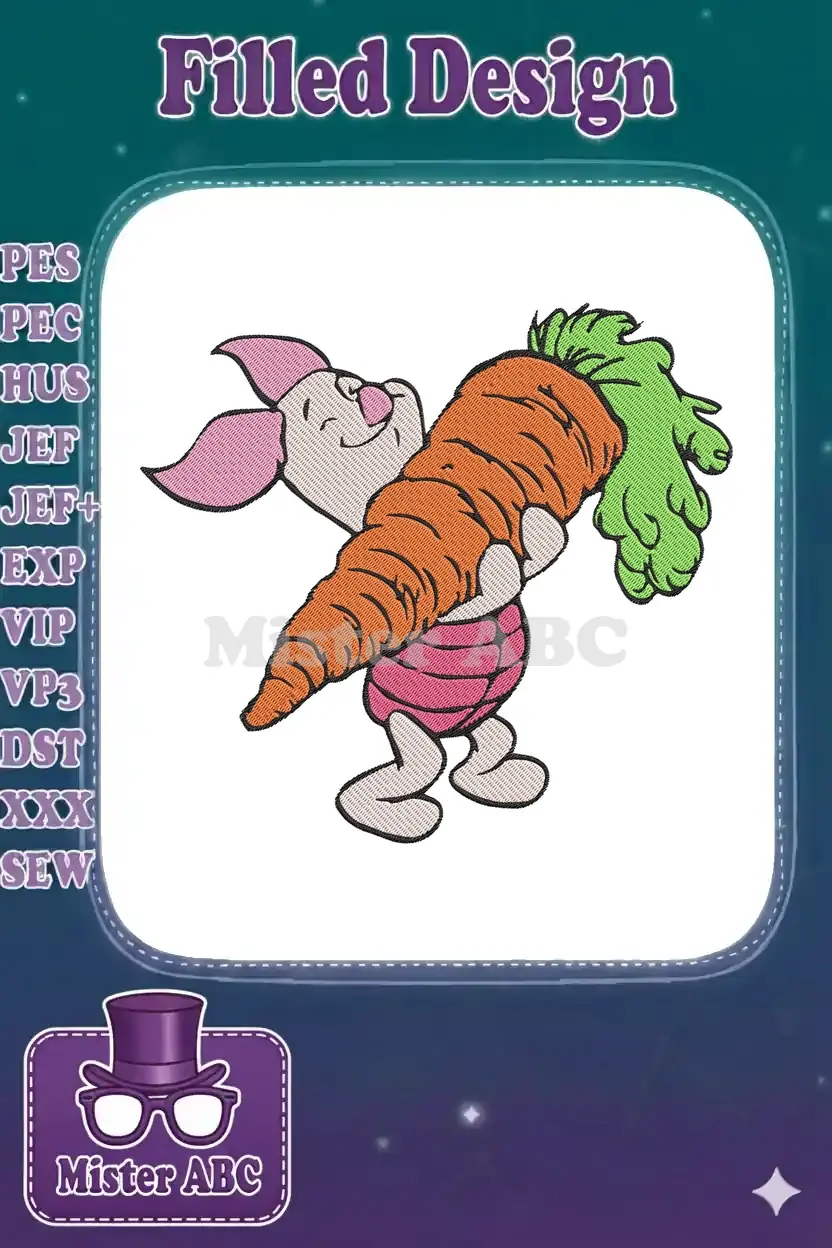 Close-up of an embroidered design featuring Piglet from Winnie the Pooh, happily carrying a large orange carrot.
