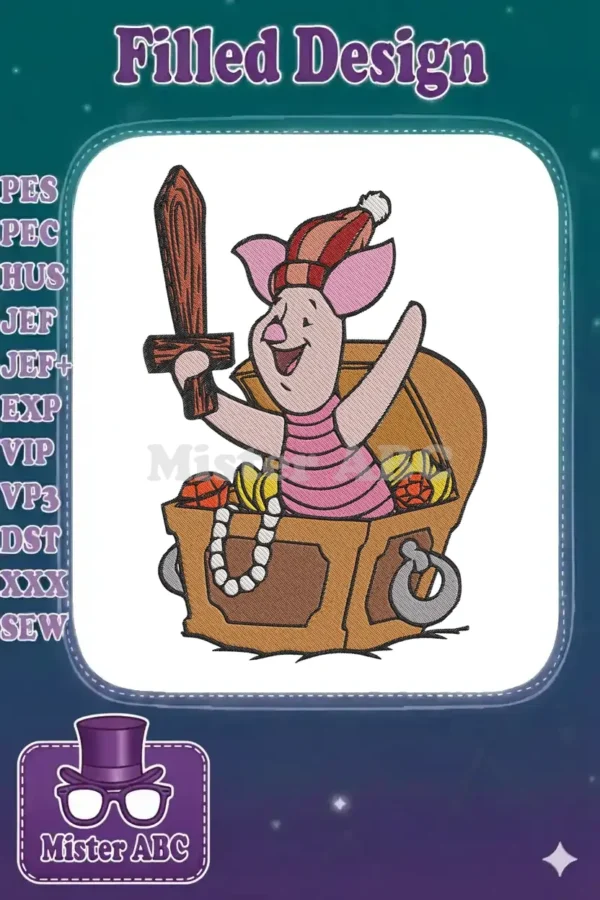 A detailed embroidery design featuring Piglet as a joyful pirate, holding a sword while sitting in a treasure chest.