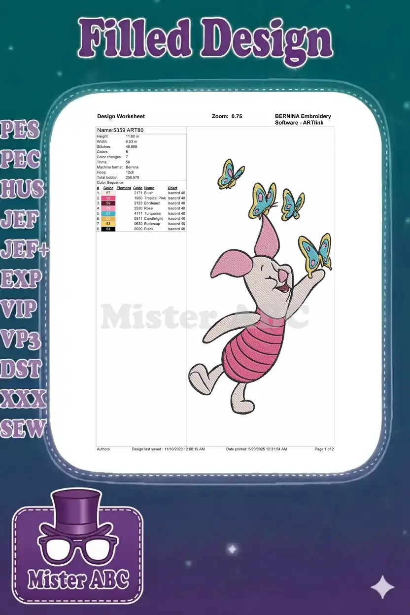Embroidery design worksheet for Piglet and butterflies, showing dimensions, stitch count, and color sequence.