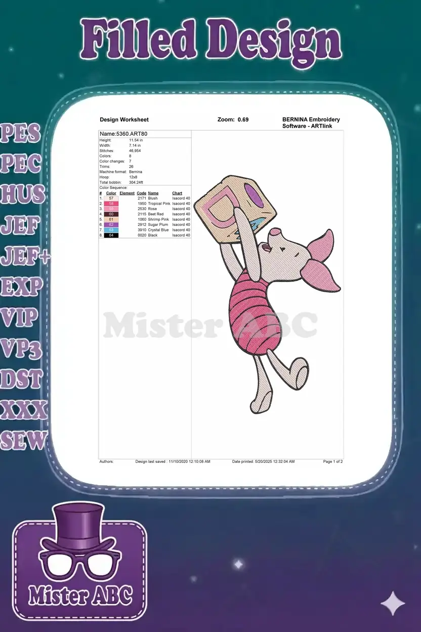 Embroidery design worksheet for Piglet, showing dimensions, stitch count, color changes, and thread details.