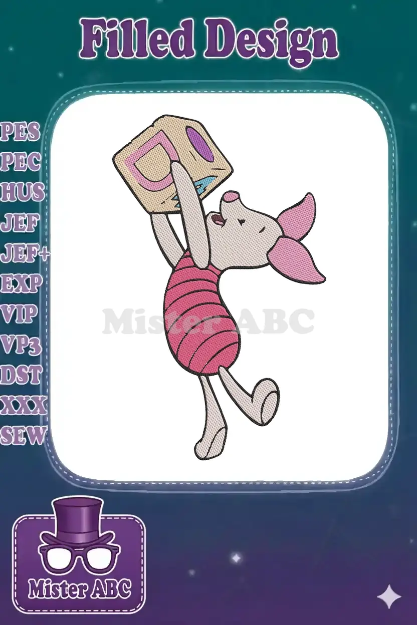 Piglet from Winnie the Pooh, arms raised, holding a large, colorful gift box with a happy expression.