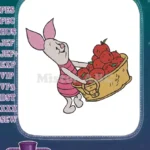 Piglet carrying basket of red apples embroidery designs for autumn - Instant Download