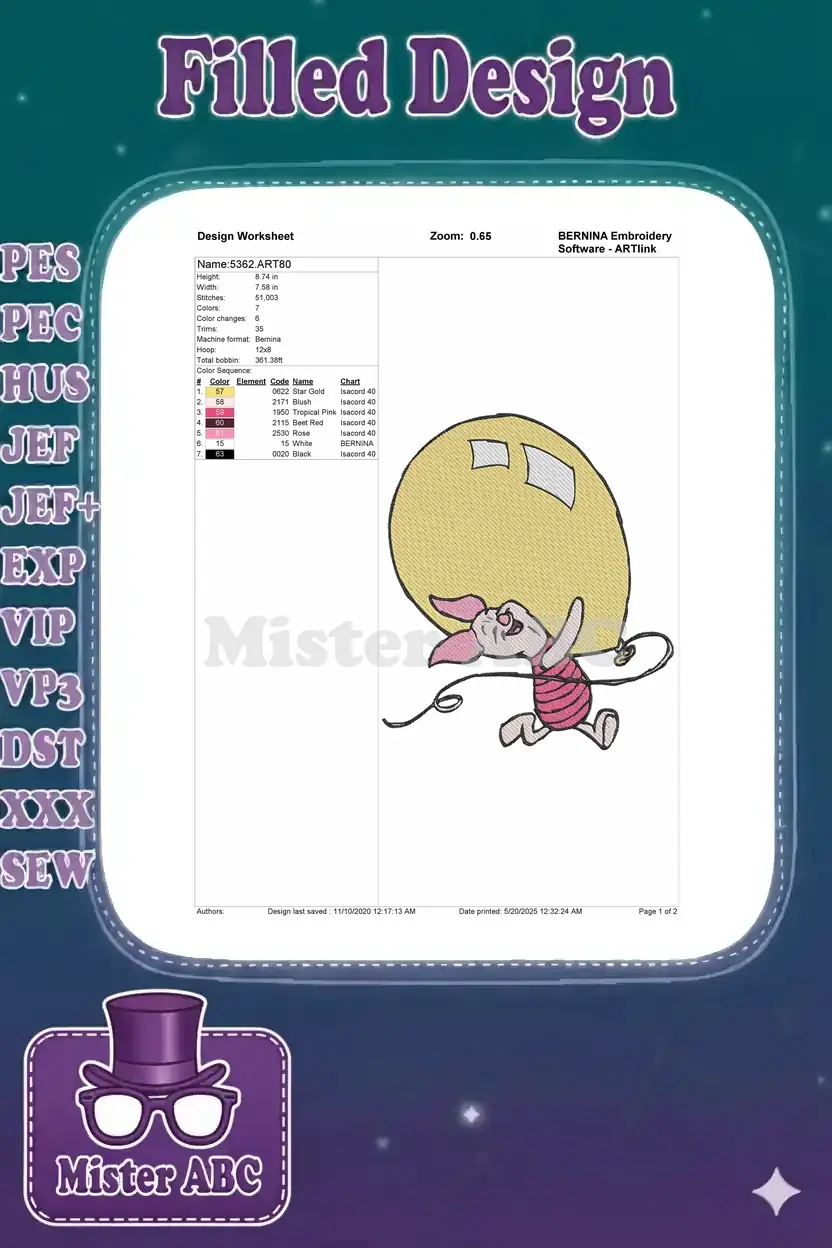 Embroidery design worksheet for Piglet with balloon, showing stitch count, dimensions, and color sequence.