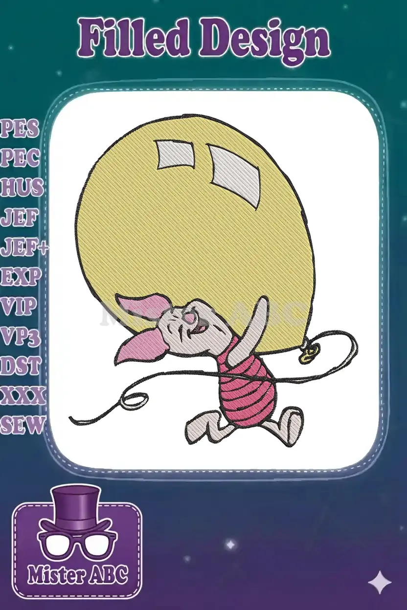 Joyful Piglet embroidery design running with a big yellow balloon, perfect for children's apparel and decor.