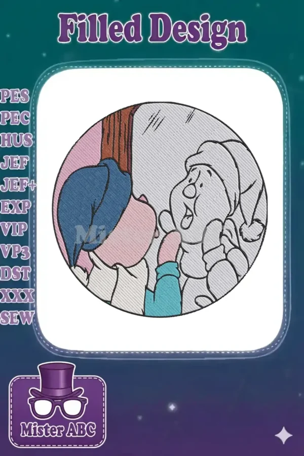 Embroidered design of Dopey from Snow White looking into a mirror, seeing a ghostly reflection. Perfect for Disney fans.