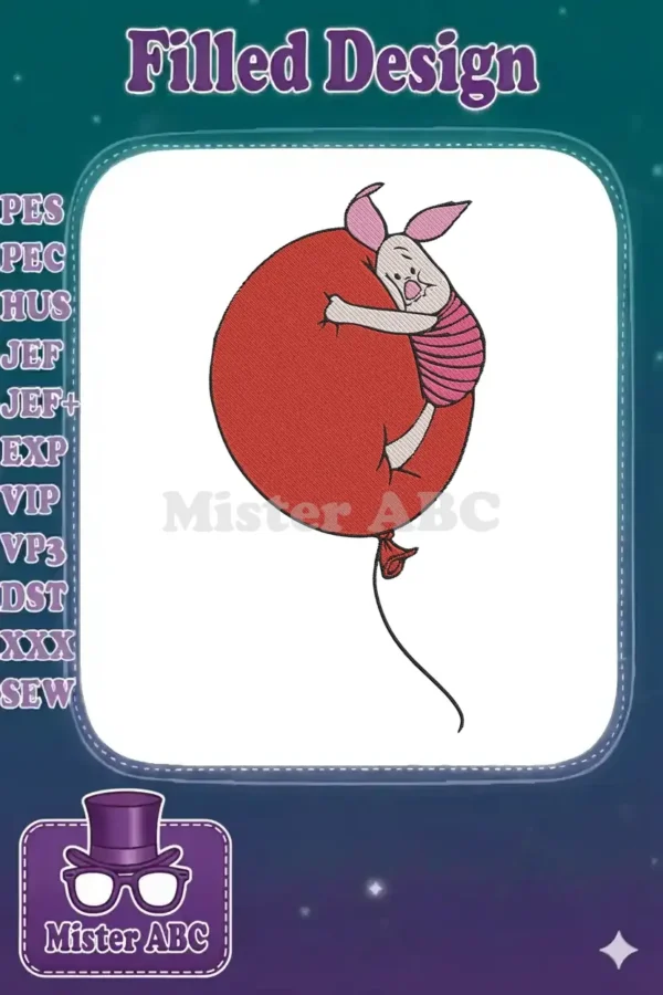 Delightful embroidery design of Piglet from Winnie the Pooh, joyfully hugging a large, round red balloon.