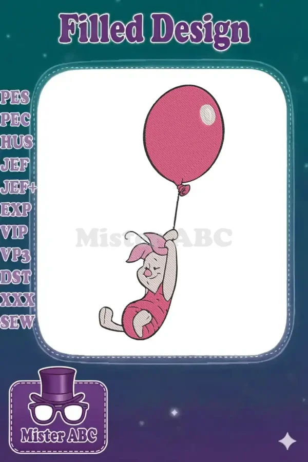 A charming embroidery design of Piglet, the beloved character, holding onto a vibrant pink balloon and flying upwards.