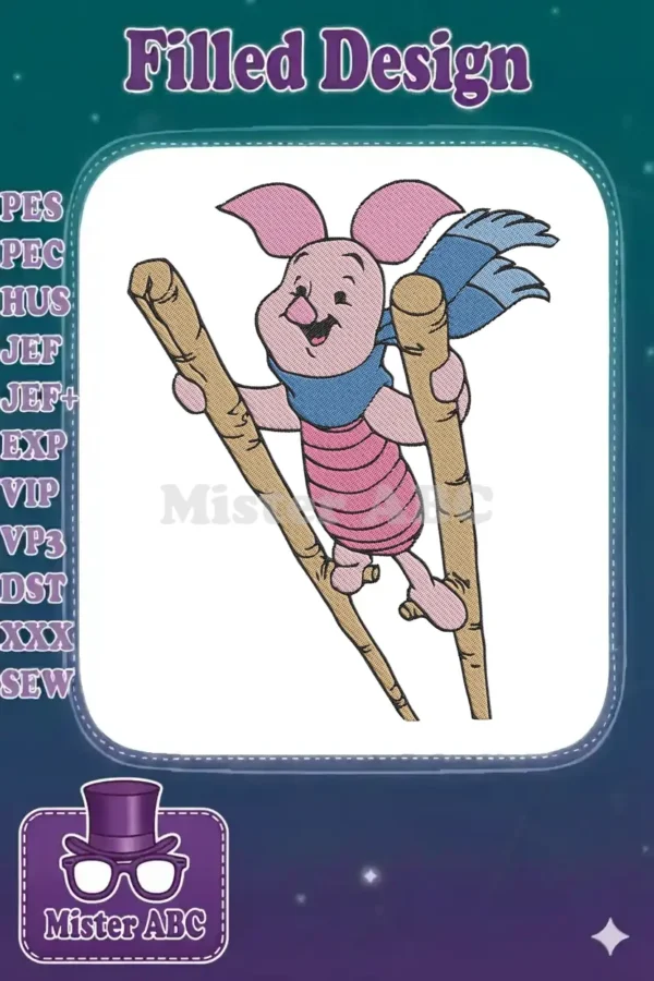 Delightful embroidery of Piglet from Winnie the Pooh, balancing on tall stilts, full of joy and character.