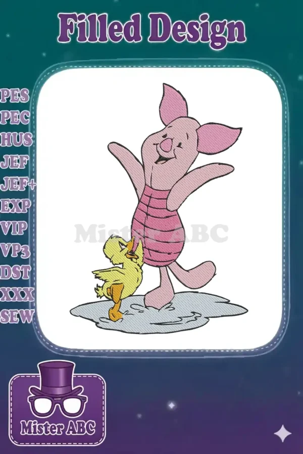A colorful embroidery of Piglet from Winnie the Pooh dancing happily with a small yellow duck on a blue puddle.