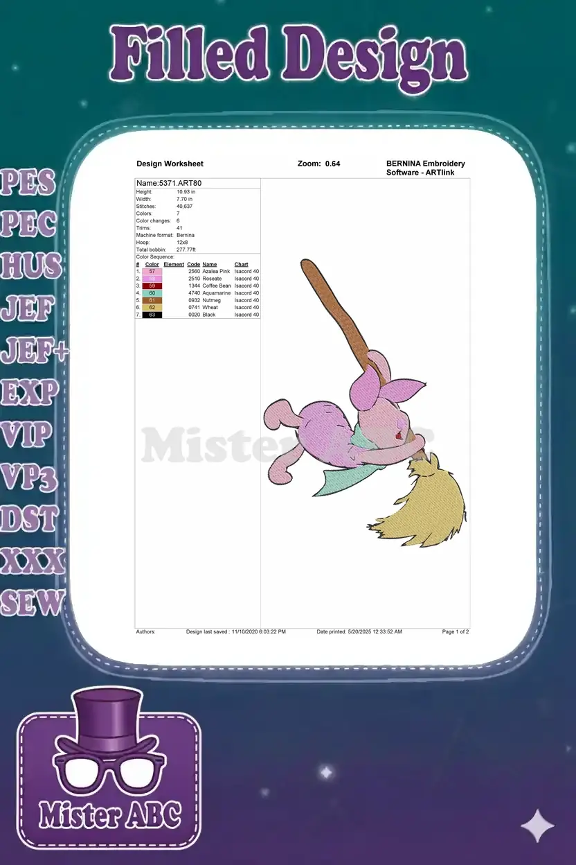 Embroidery design worksheet for Piglet on a broom, detailing dimensions, color sequence, and stitch count.