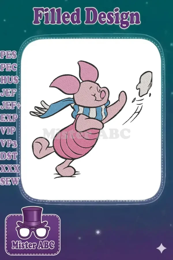 A charming embroidery design of Piglet from Winnie the Pooh, gleefully tossing a snowball while wearing a blue scarf.