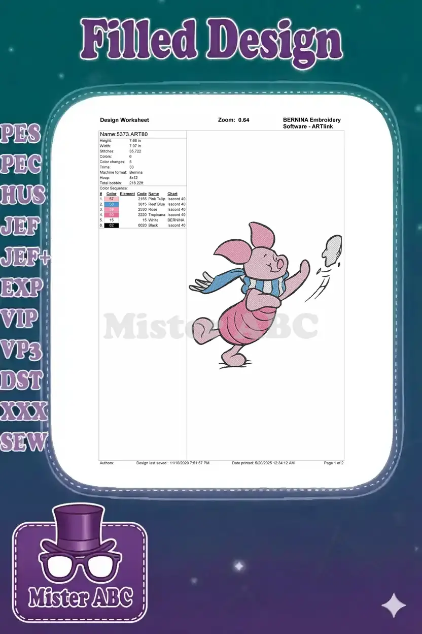 An embroidery design worksheet displaying Piglet, detailing stitch count, dimensions, color sequence, and thread types.