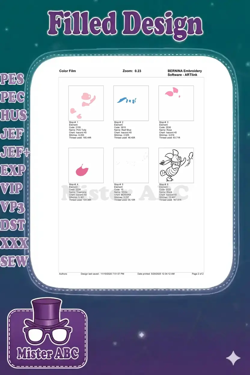 A color film breakdown of the Piglet embroidery design, showing each color stop and its individual stitch details.