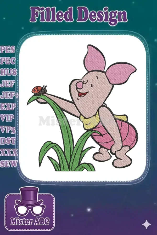 Adorable Piglet from Winnie the Pooh, smiling while reaching for a ladybug perched on a green leaf.