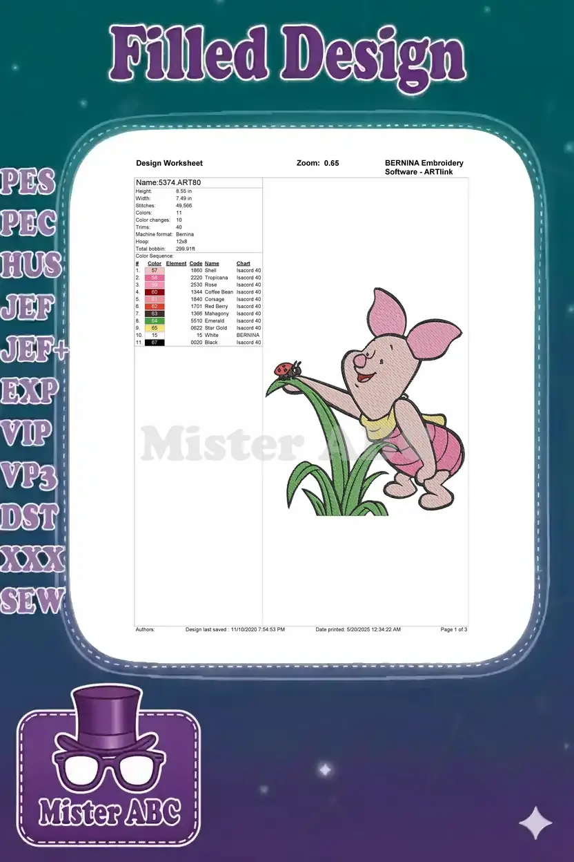 Embroidery design worksheet for Piglet and ladybug, showing dimensions, stitch count, and color sequence.