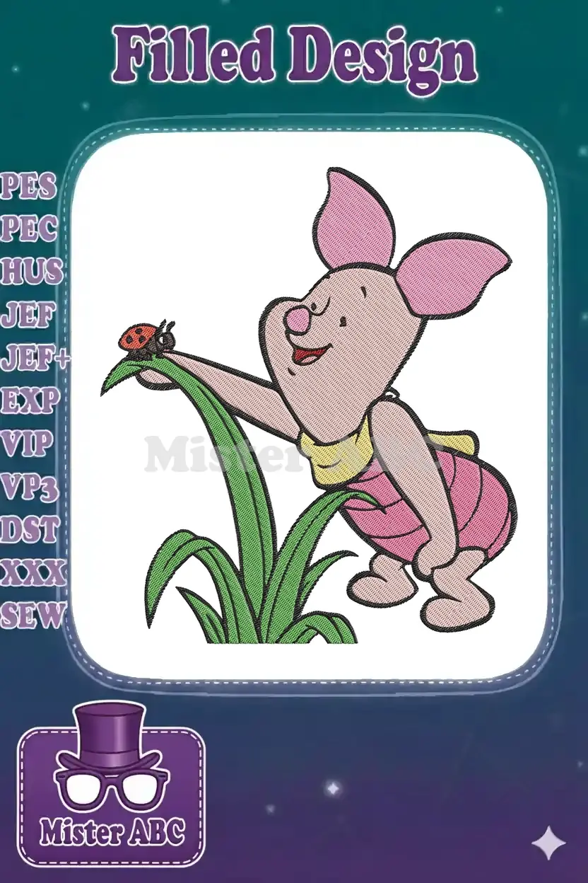 Adorable Piglet from Winnie the Pooh, smiling while reaching for a ladybug perched on a green leaf.