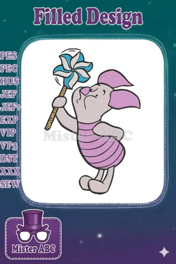Full-color embroidery of Piglet from Winnie the Pooh, holding a blue and white swirling pinwheel, facing right.