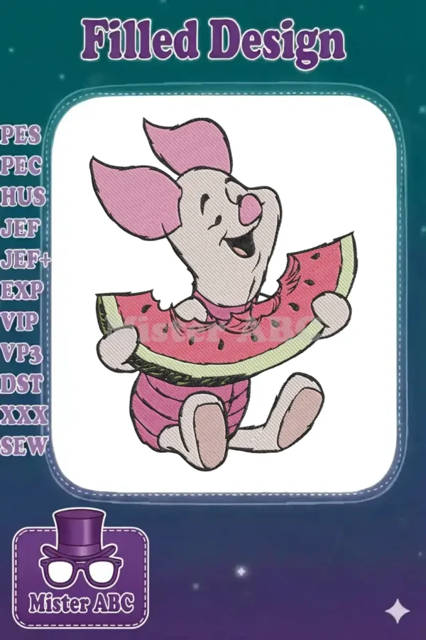 Adorable Piglet from Winnie the Pooh, happily eating a large slice of watermelon, detailed embroidery design.