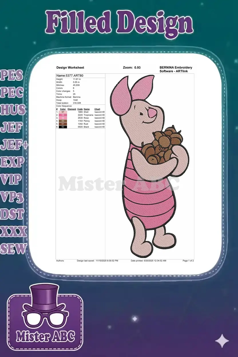 A detailed embroidery design worksheet for Piglet, showing dimensions, stitch count, color sequence, and thread codes.