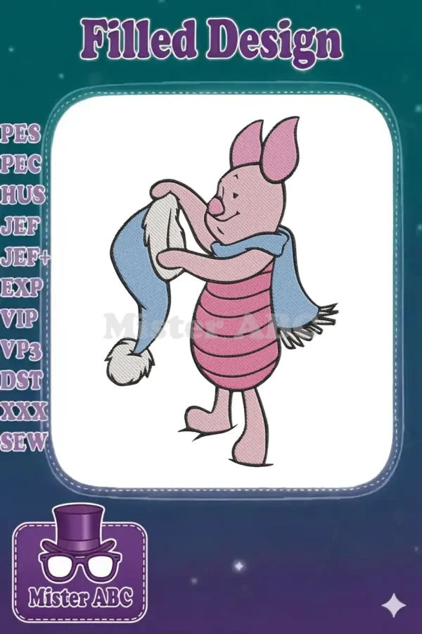 Detailed embroidery of Piglet from Winnie the Pooh, wearing a blue scarf and holding a blue winter hat.
