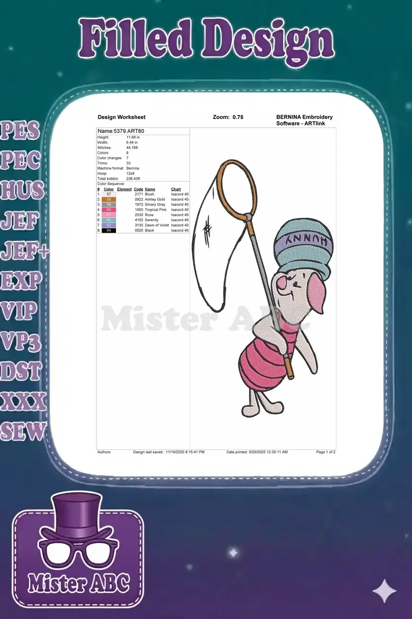 Embroidery design worksheet displaying Piglet, thread color sequence, dimensions, stitch count, and machine details.