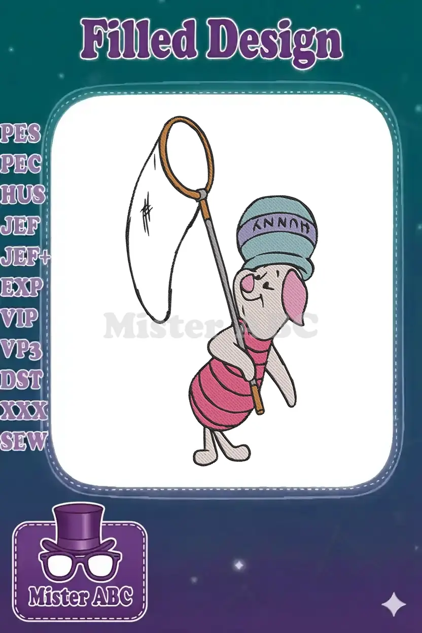 Embroidery design of Piglet from Winnie the Pooh, wearing a 'HUNNY' hat and holding a butterfly net.