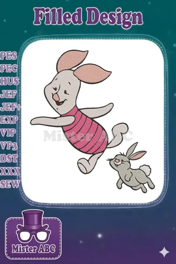 Charming embroidery design of Disney's Piglet running playfully alongside a small, happy rabbit on white.