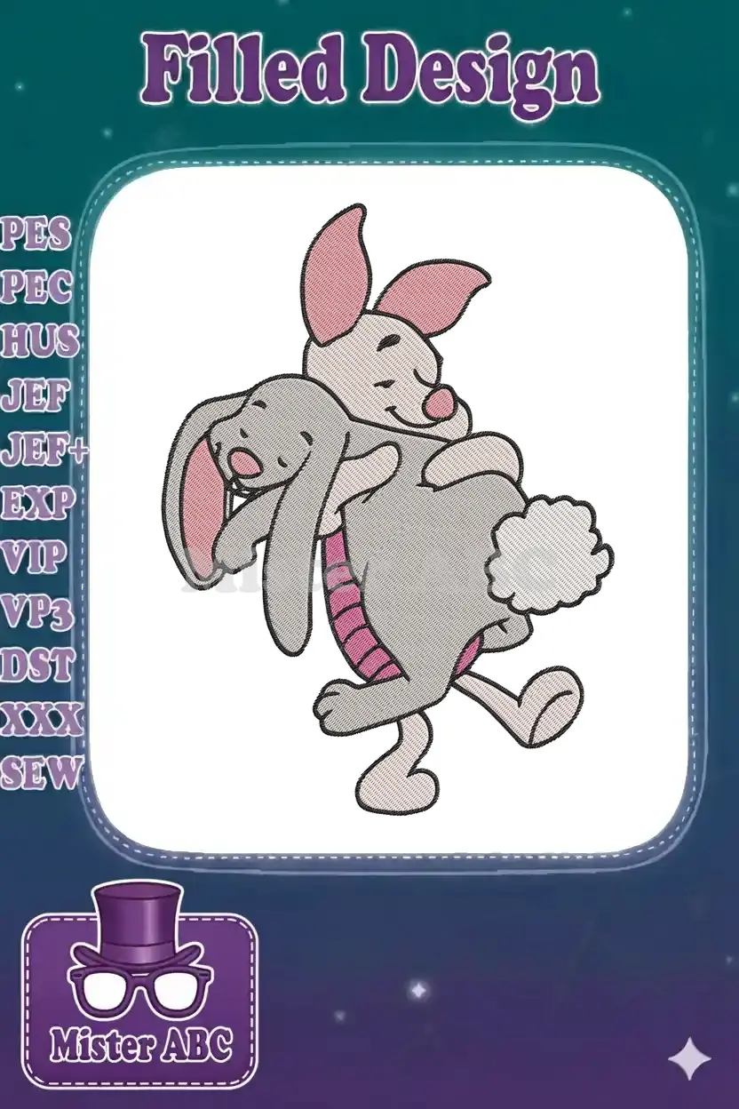 Close-up of an adorable embroidered Piglet warmly hugging a grey bunny, showcasing detailed satin and fill stitches.