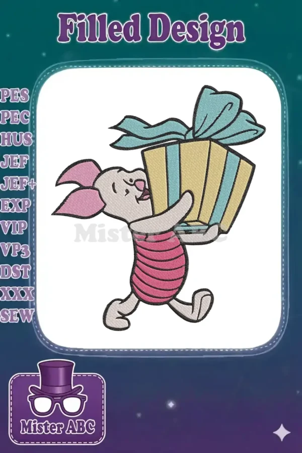 Cheerful Piglet machine embroidery design carrying a striped yellow and blue gift with a large teal bow.
