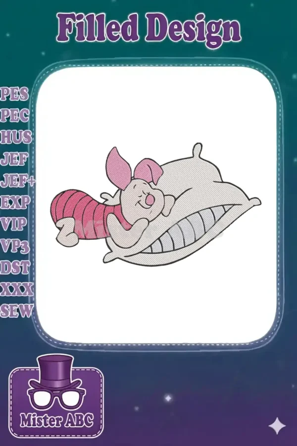 Close-up of an adorable Piglet from Winnie the Pooh sleeping peacefully on a white pillow, ready for embroidery.