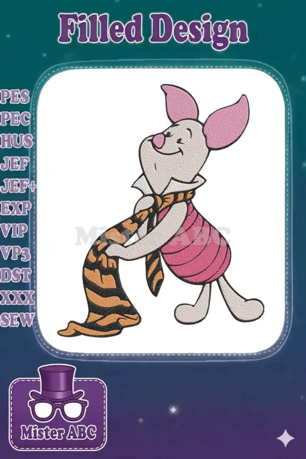 Full-color embroidered Piglet from Winnie the Pooh, happily holding a striped orange and black Tigger scarf.