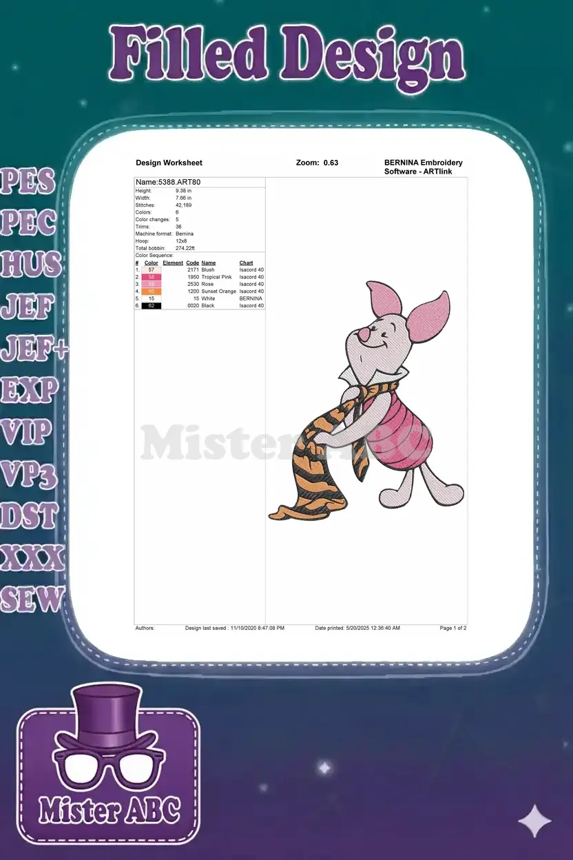 Embroidery design worksheet for Piglet, showing dimensions, thread colors, stitch count, and machine format.