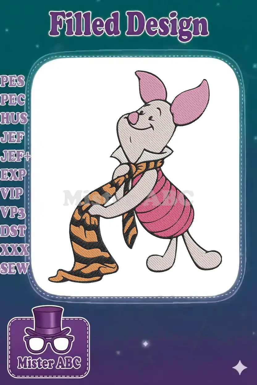 Full-color embroidered Piglet from Winnie the Pooh, happily holding a striped orange and black Tigger scarf.