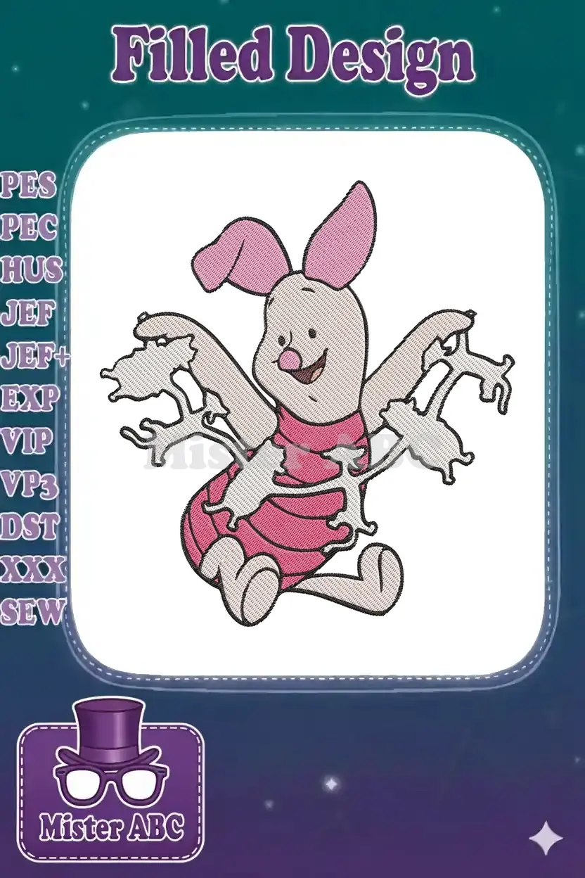 Close-up of an adorable Piglet embroidery design, depicted bursting through torn fabric, showcasing playful details.